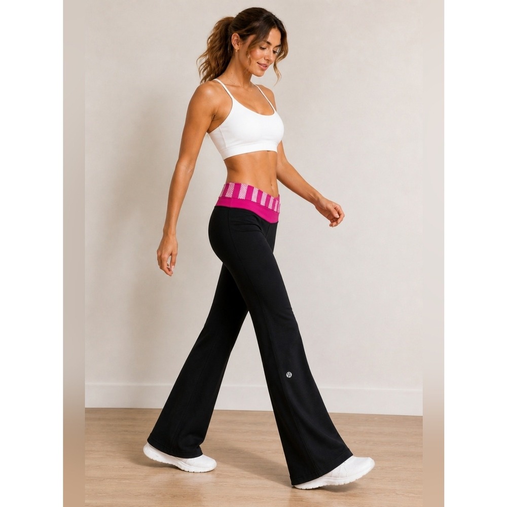 Lululemon Black Pink Wide Leg Yoga Pants Flare Stretch Size 8